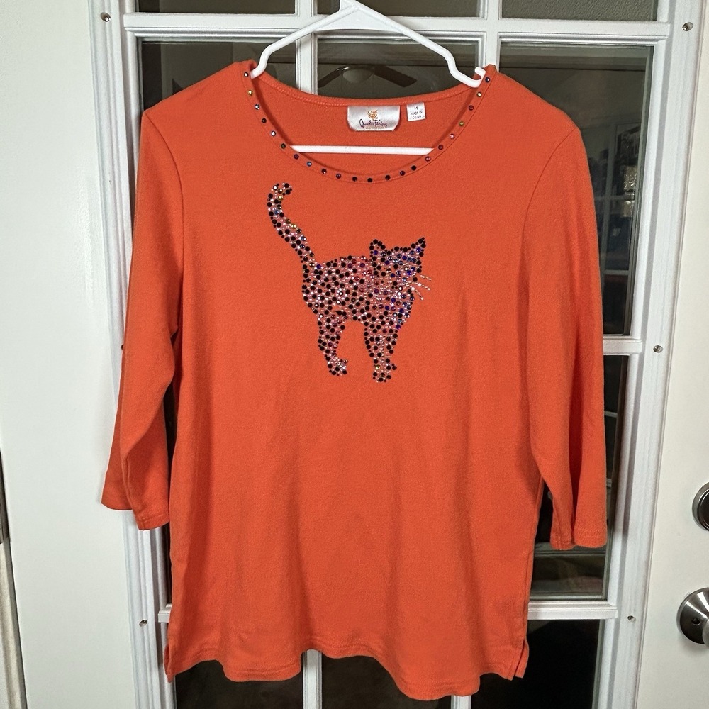 Quacker Factory Halloween Orange Rhinestone Black Cat  3/4 Sleeve Medium